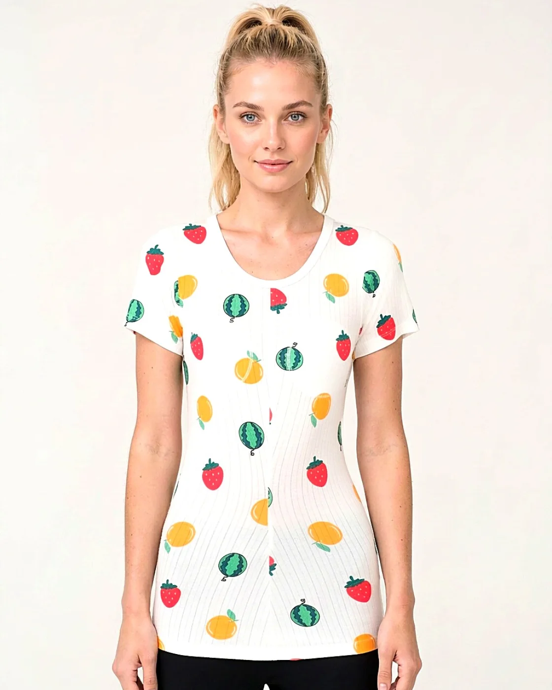 Rib short-sleeve top, white with strawberry print