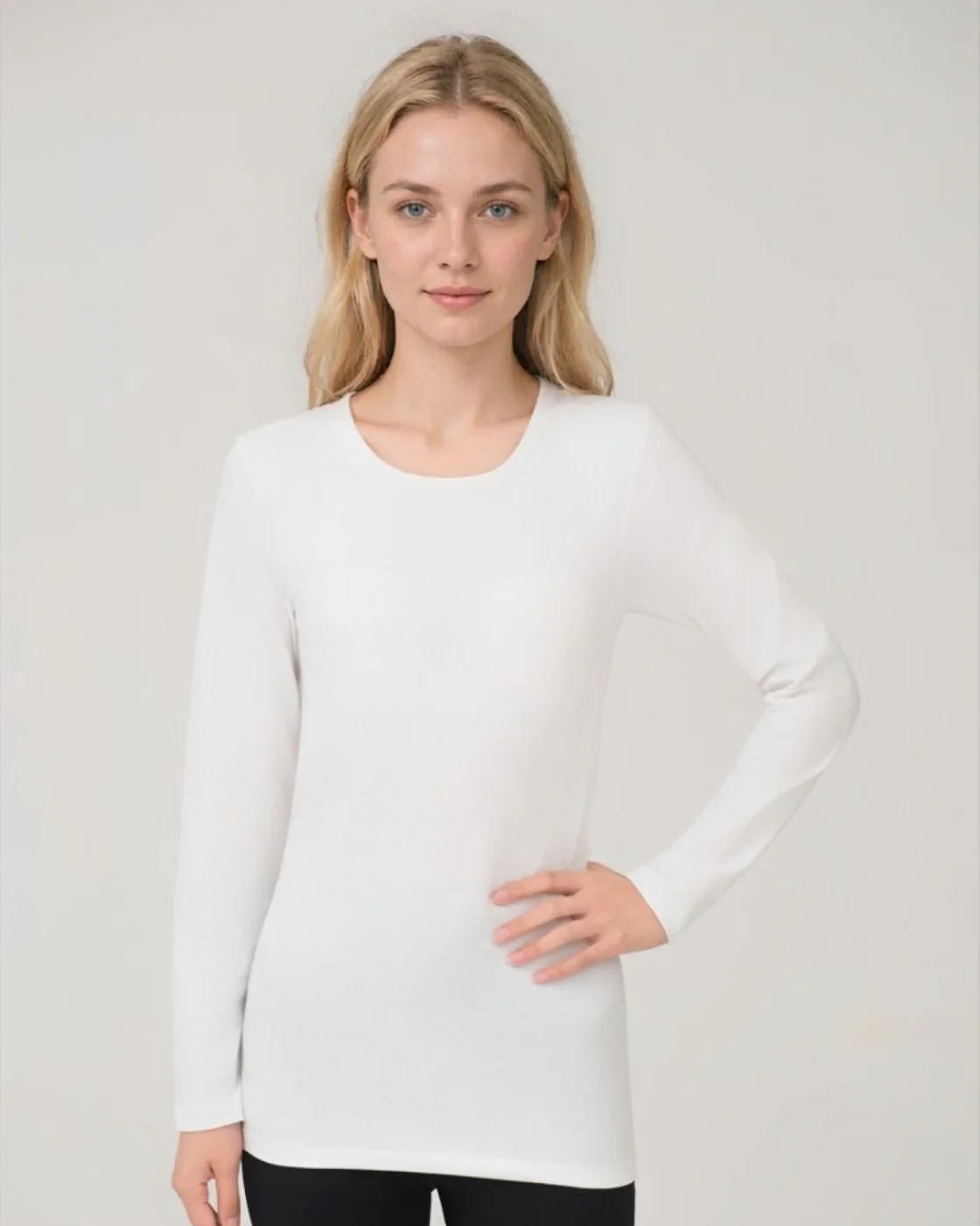 Seamless long-sleeve top, white, three-quarter view