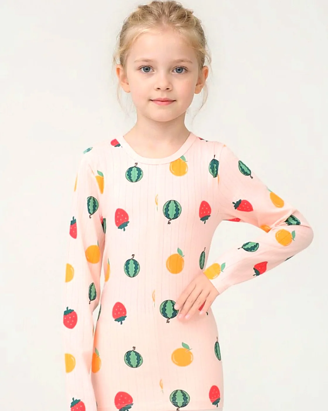 Girls' long-sleeve top, white with strawberry print