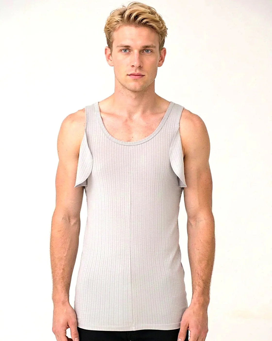 Men's sleeveless top, heather grey, shoulder-cover cut